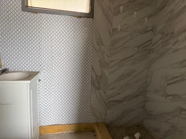a bathroom with a shower and a toilet