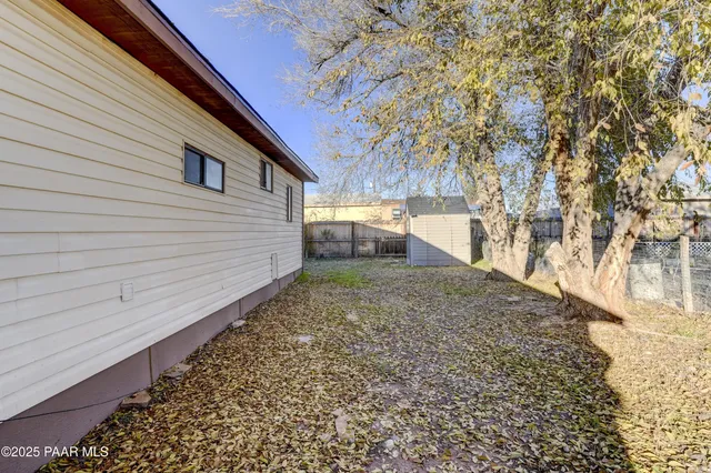 a backyard of a house with a large tree