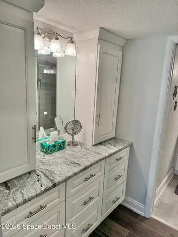 a bathroom with a granite countertop sink toilet and shower