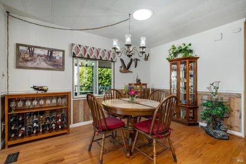 a dining room with furniture potted plants and wooden floor