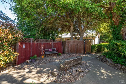 a view of a backyard with wooden fence and a large tree