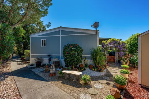 a view of a backyard with plants and a patio