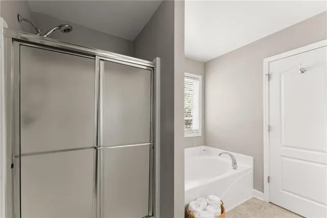 a bathroom with a bathtub and a shower