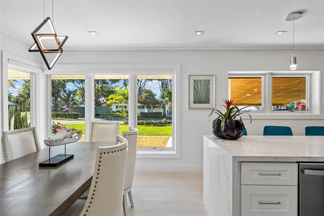 a view of a dining room with furniture window and outside view