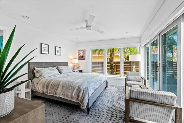 a bedroom with a bed and a large window