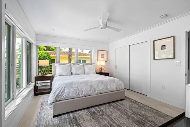 a bedroom with a bed and large window