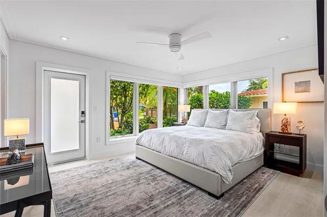 a large bedroom with a bed and large windows