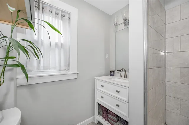 a bathroom with a sink mirror and toilet