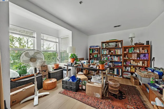 a room with lots of furniture and a potted plant