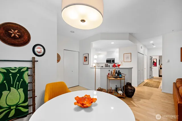 a view of a dining room with furniture