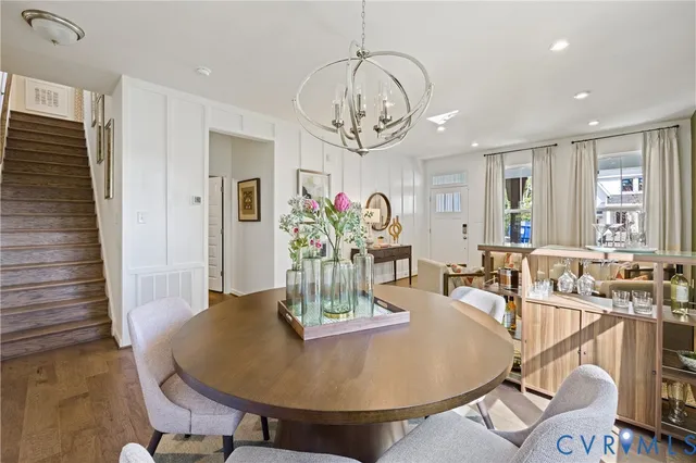 a view of a dining room with furniture