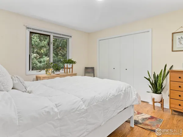 a bedroom with a large bed and a potted plant