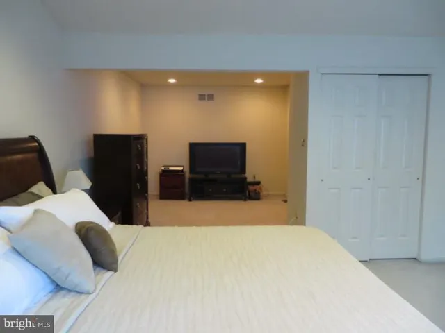a bedroom with a bed and a television