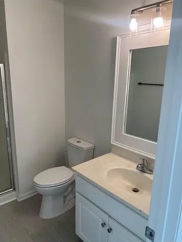 a bathroom with a sink a toilet and mirror