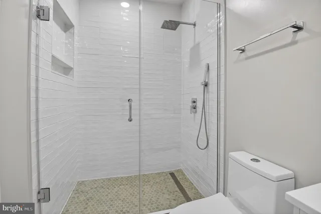 a bathroom with a shower and toilet