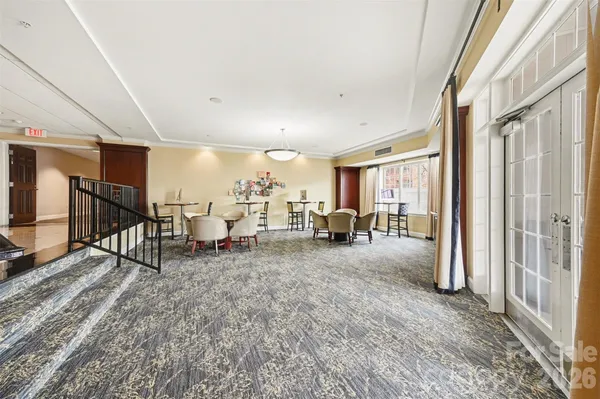a lobby with furniture