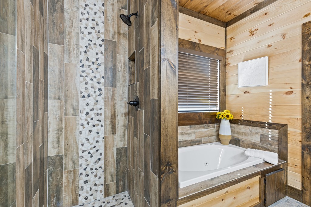 245 East Shalom Court Blue Ridge, GA 30513 - Photo 60 of 78 a bathroom with a tub and shower