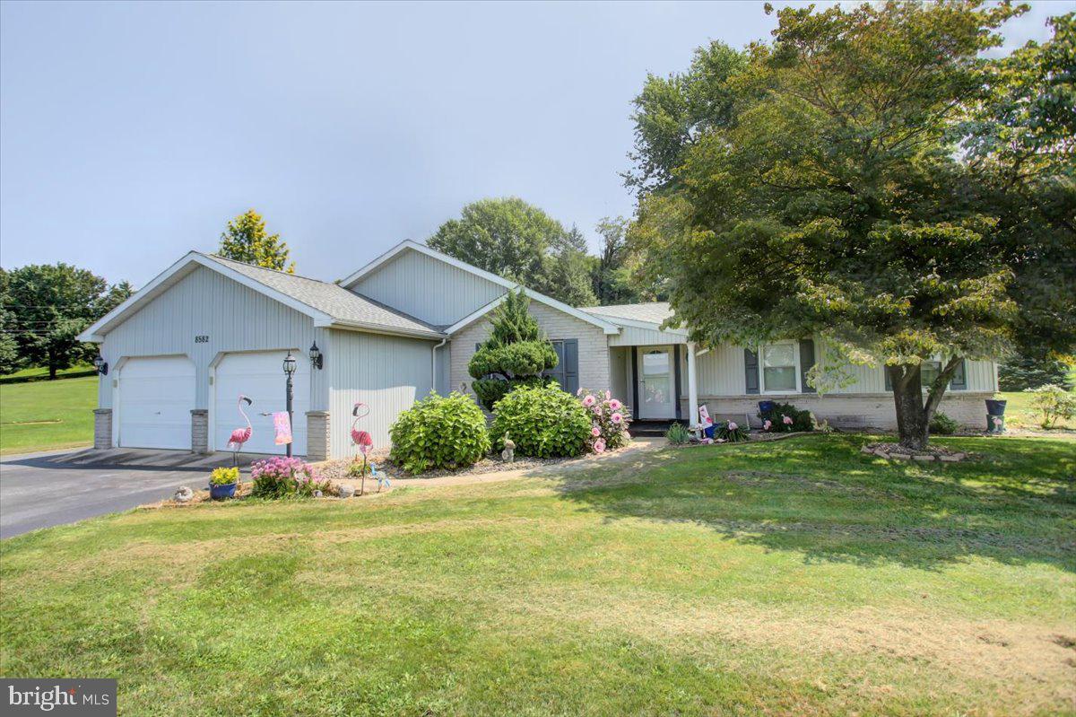 a front view of house with yard and green space