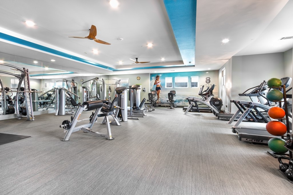 1900 Barton Springs Road, Unit 4029 Austin, TX 78704 - Photo 14 of 21 Recessed lighting and custom ceiling accents illuminate a fully equipped residential fitness space.