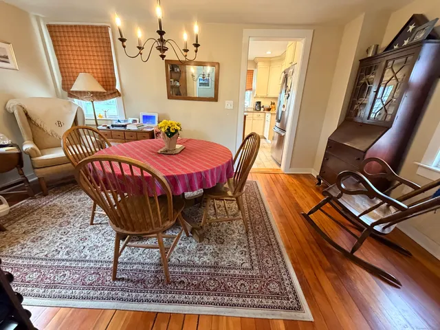 a view of a dining room with furniture