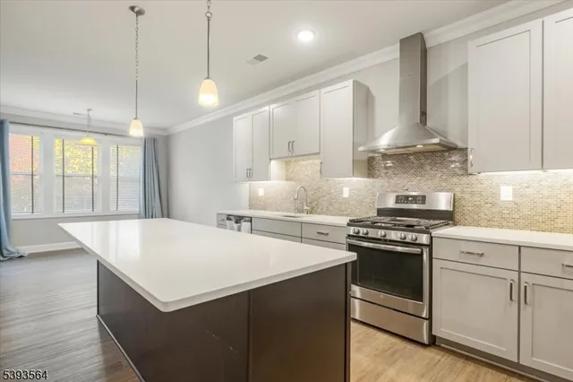 a kitchen with kitchen island a stove a sink a center island and windows