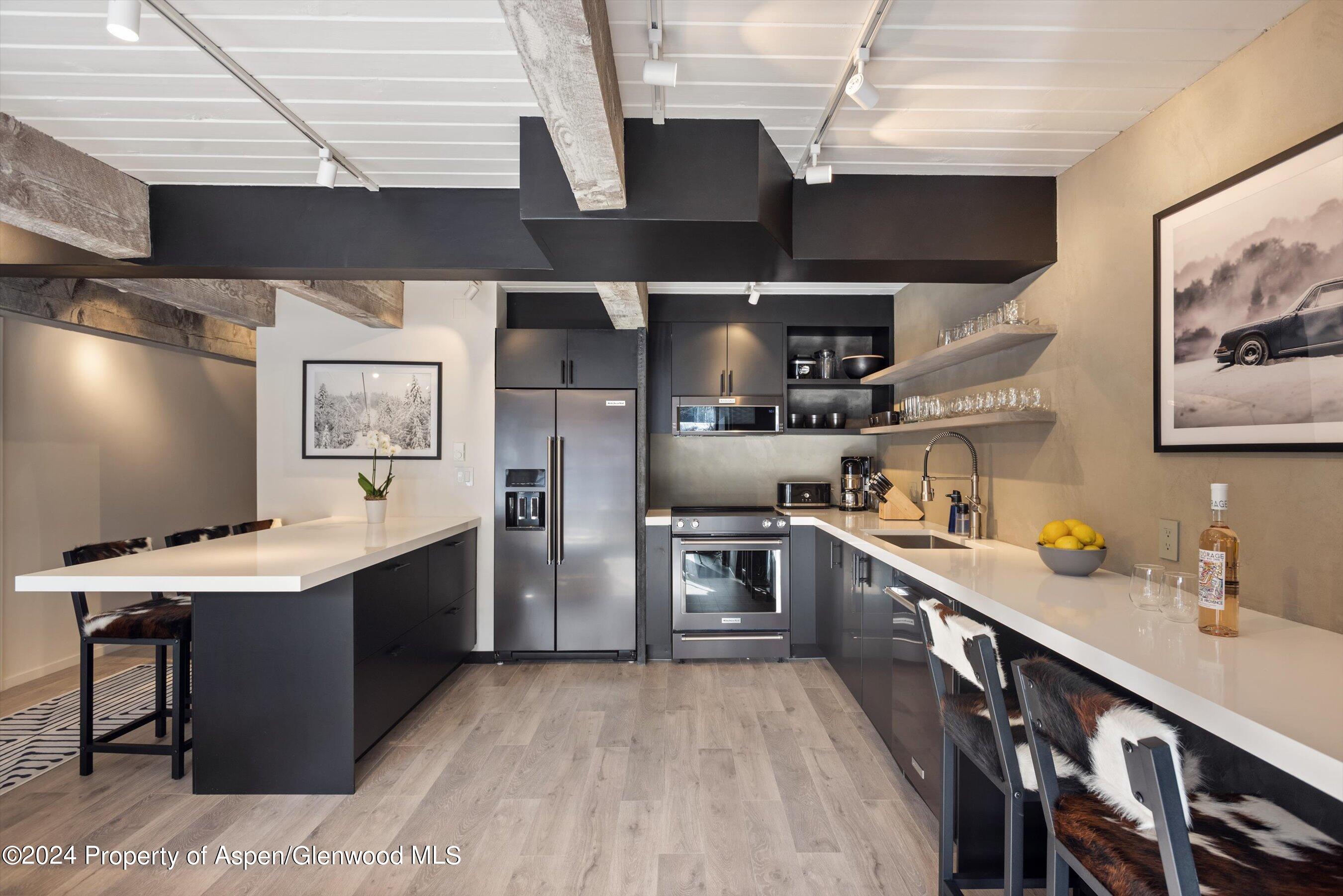 1039 East Cooper Avenue, Unit 19B Aspen, CO 81611 - Photo 7 of 13 a kitchen with stainless steel appliances granite countertop a sink a stove and a refrigerator
