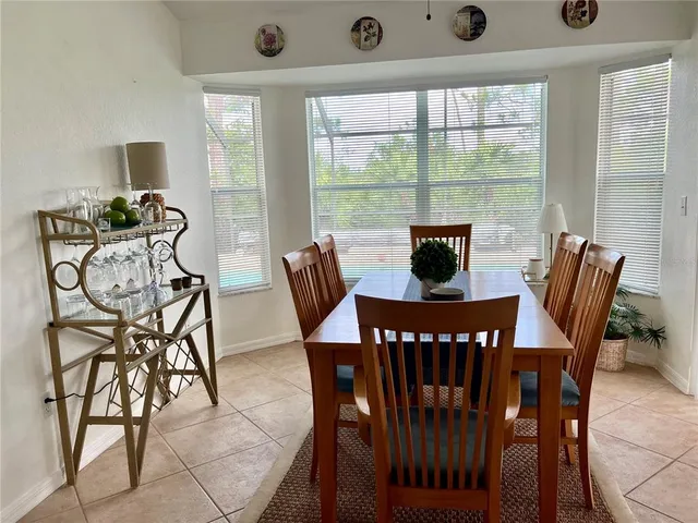 a view of a dining room with furniture window and outside view