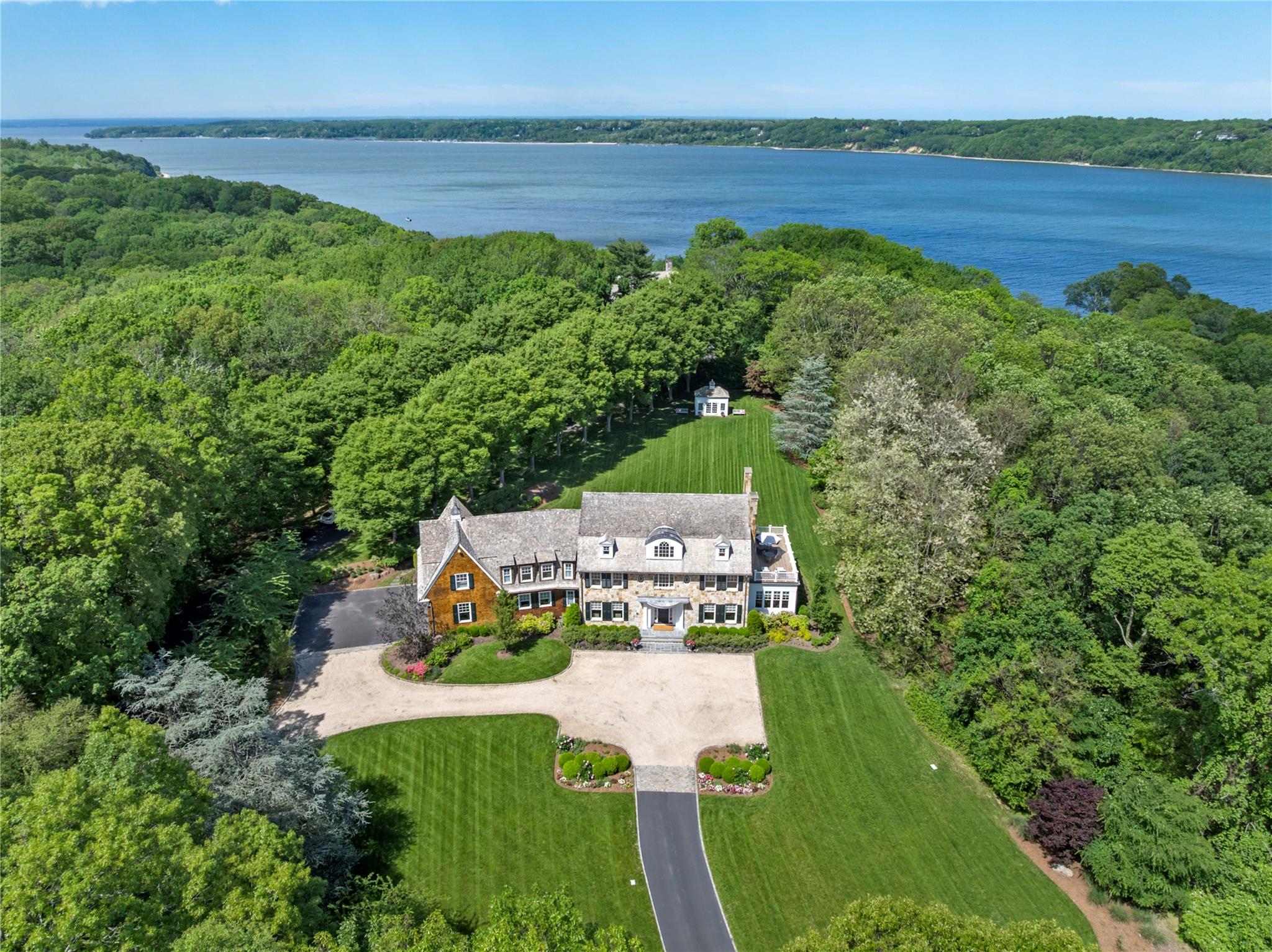an aerial view of a house with garden