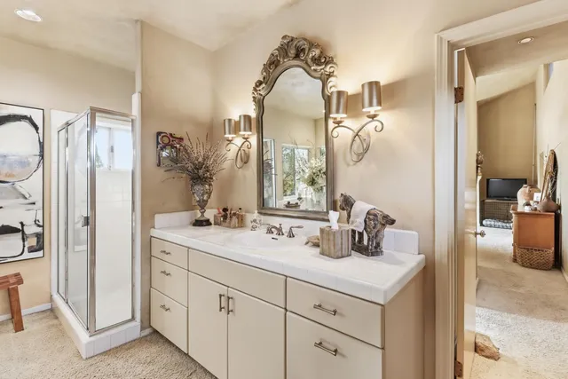 a living room with furniture and a table