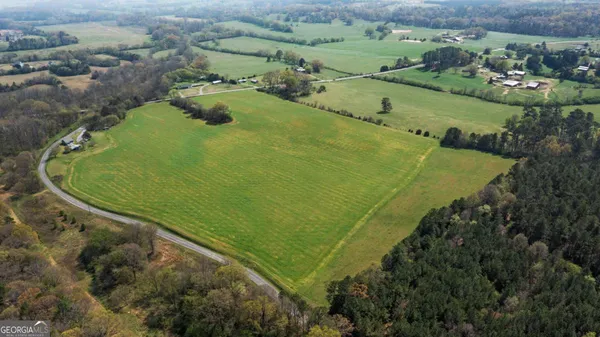 an aerial view of a residential houses with outdoor space and trees