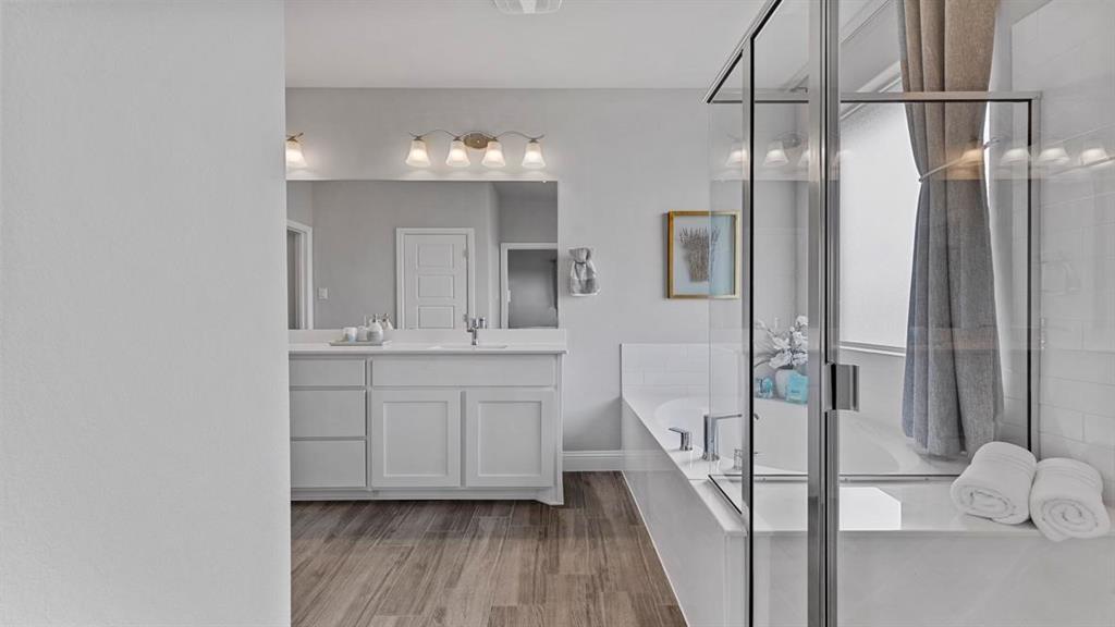 11205 Treehouse Trail Justin, TX 76247 - Photo 20 of 39 a bathroom with a double vanity sink a mirror and shower