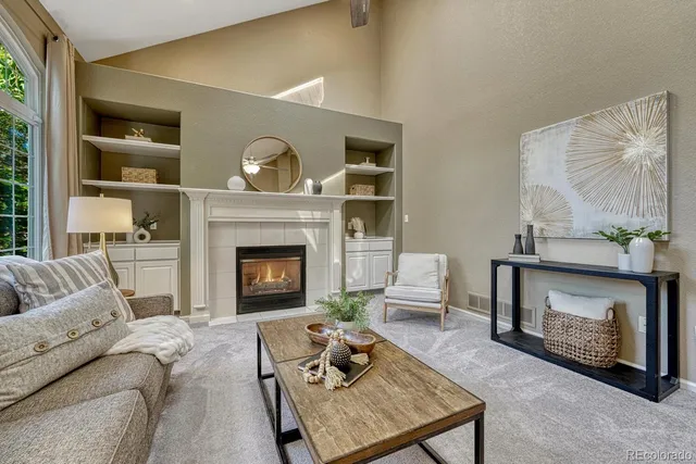 a living room with furniture and a fireplace