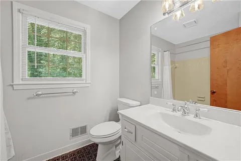 a bathroom with a sink a toilet and a mirror
