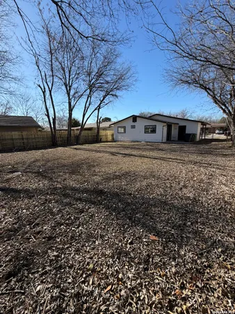 a view of a yard with large trees