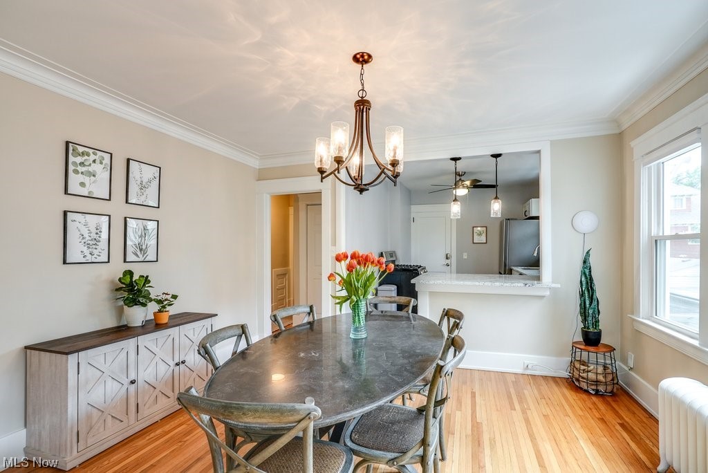 2135 Renrock Road Cleveland, OH 44118 - Photo 20 of 44 Dining room featuring ceiling fan with notable chandelier, light wood-type flooring, radiator, and a wealth of natural light