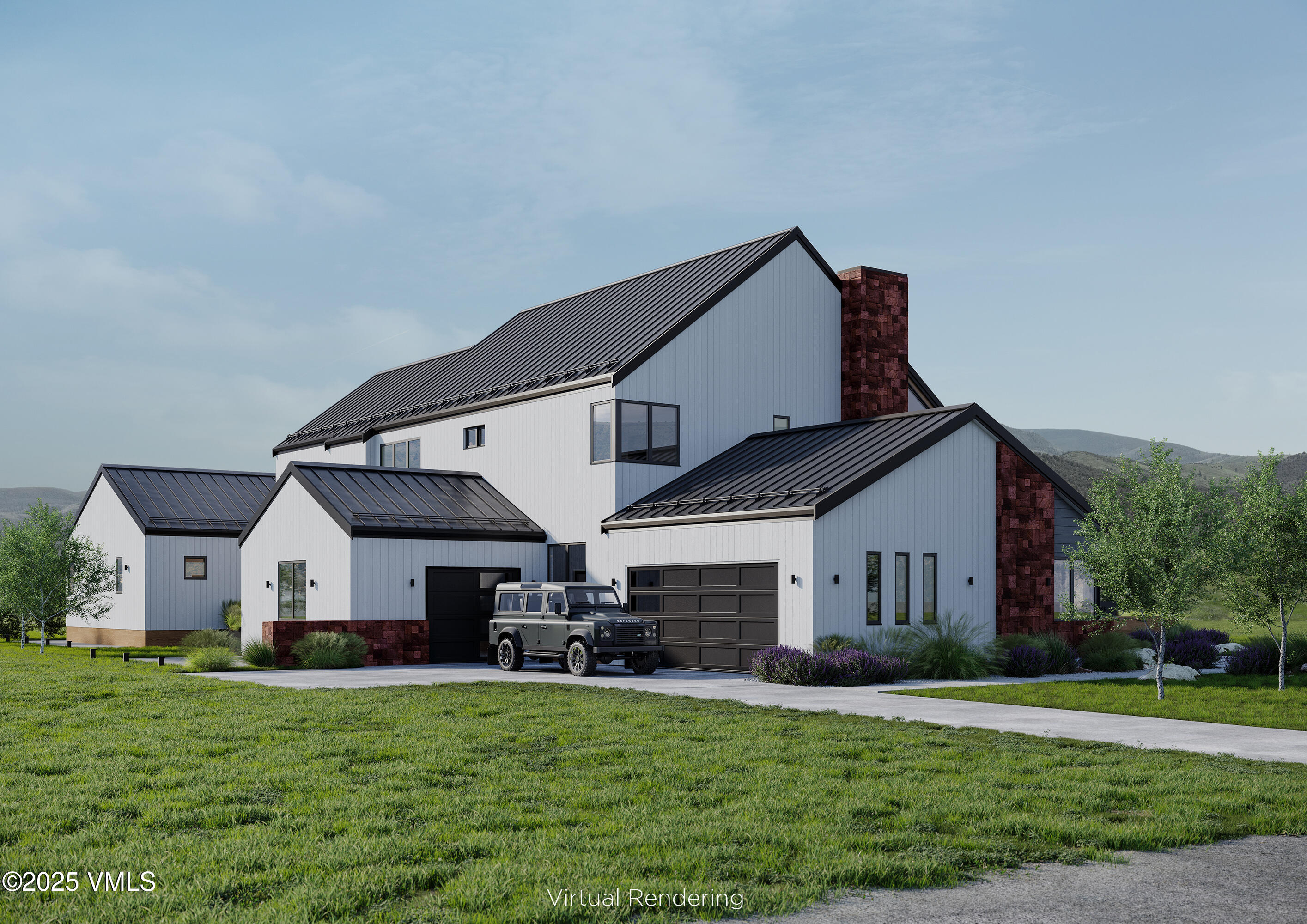 a view of a house with a big yard and potted plants