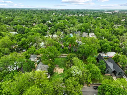 a view of a lush green forest with lots of trees