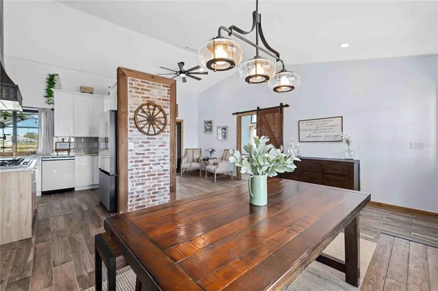 a view of a dining room and furniture