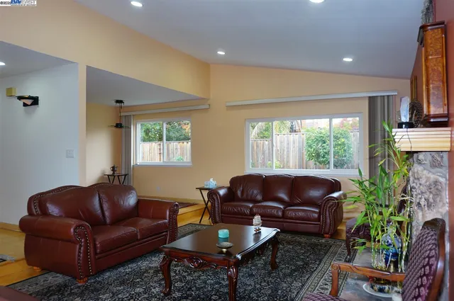 a living room with furniture plant and a large window