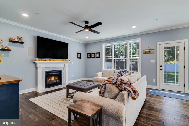 a living room with furniture a fireplace and a flat screen tv