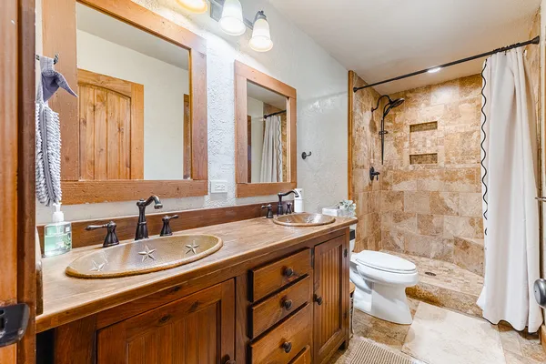 a bathroom with a sink toilet a mirror and shower