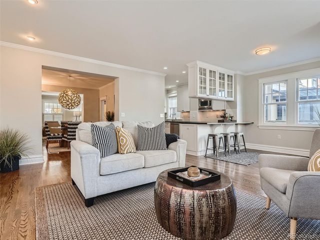 a living room with furniture a rug potted plant and a window
