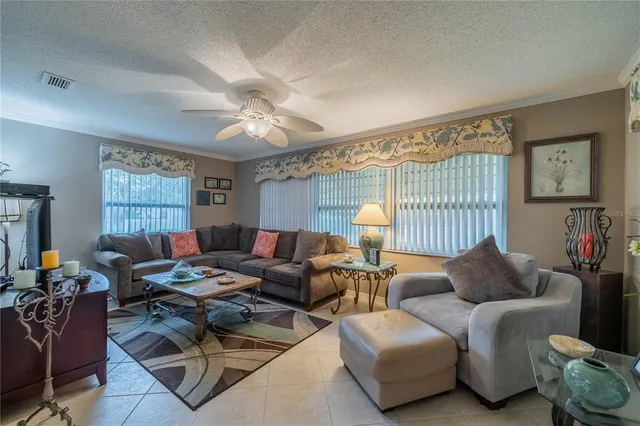 a living room with furniture ceiling fan and a rug