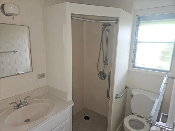a bathroom with a shower a toilet and a sink