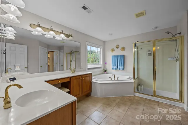 a bathroom with a tub a sink and a mirror