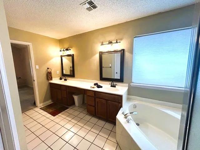 a bathroom with a tub sink vanity and mirror