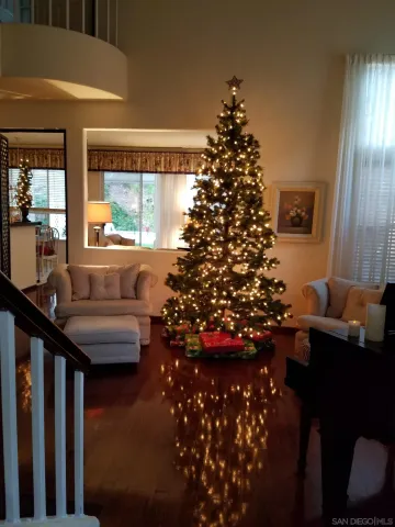 a living room with furniture and a christmas tree