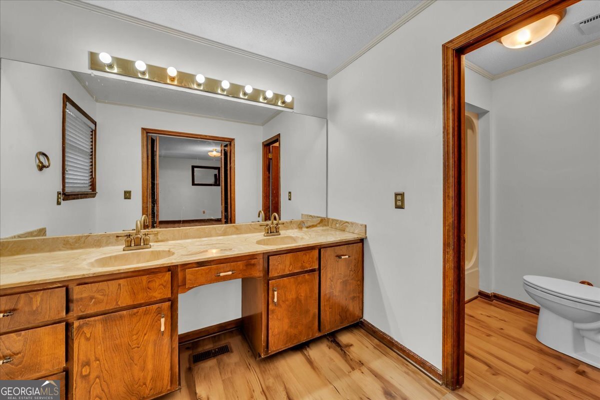6501 Harley Trail Blackshear, GA 31516 - Photo 22 of 69 a spacious bathroom with a granite countertop sink a toilet a mirror and shower