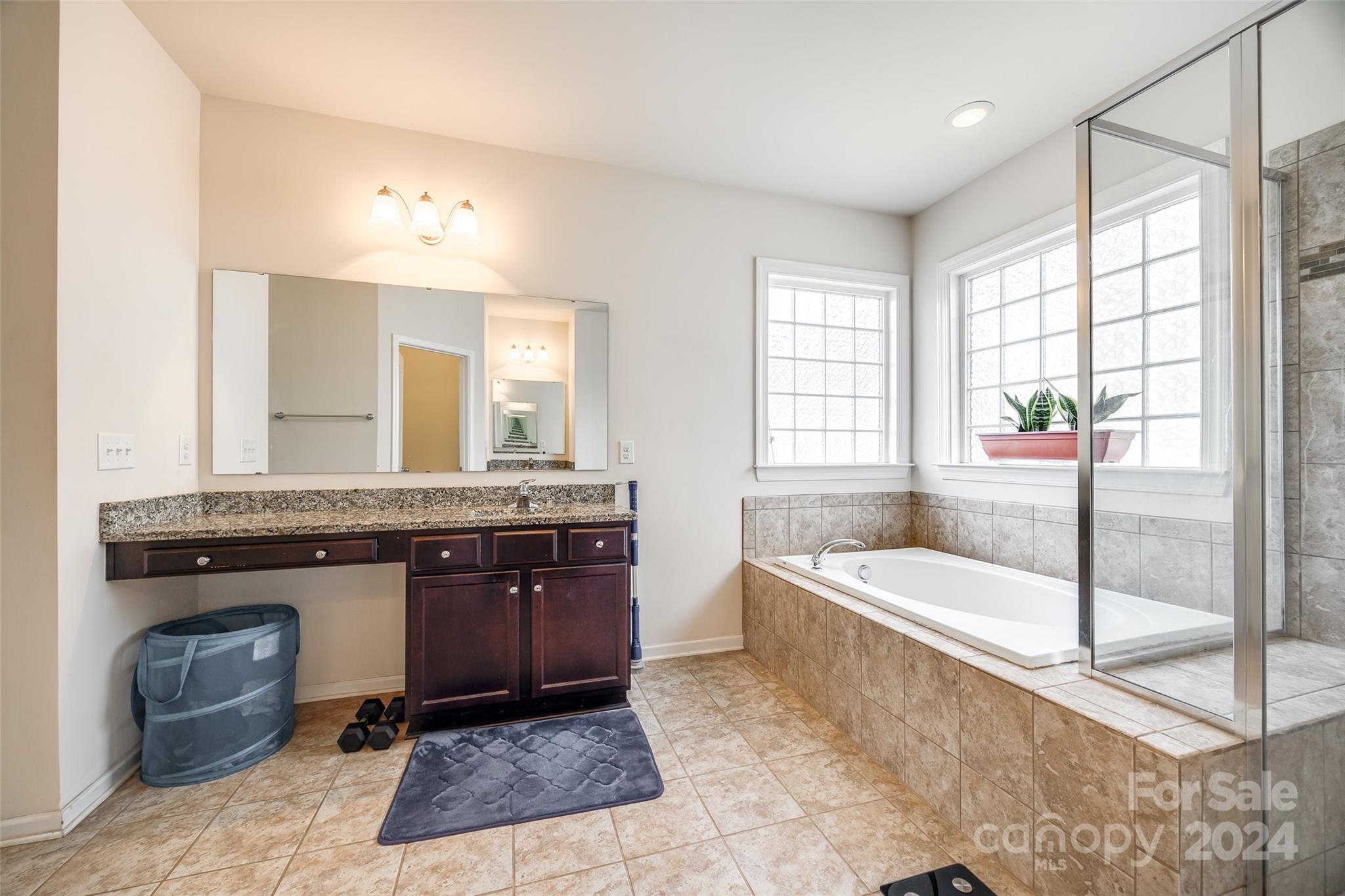 819 Bridge View Court Fort Mill, SC 29708 - Photo 21 of 40 a spacious bathroom with a granite countertop tub sink and mirror