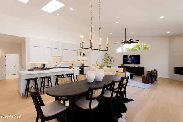 a view of a dining room with furniture
